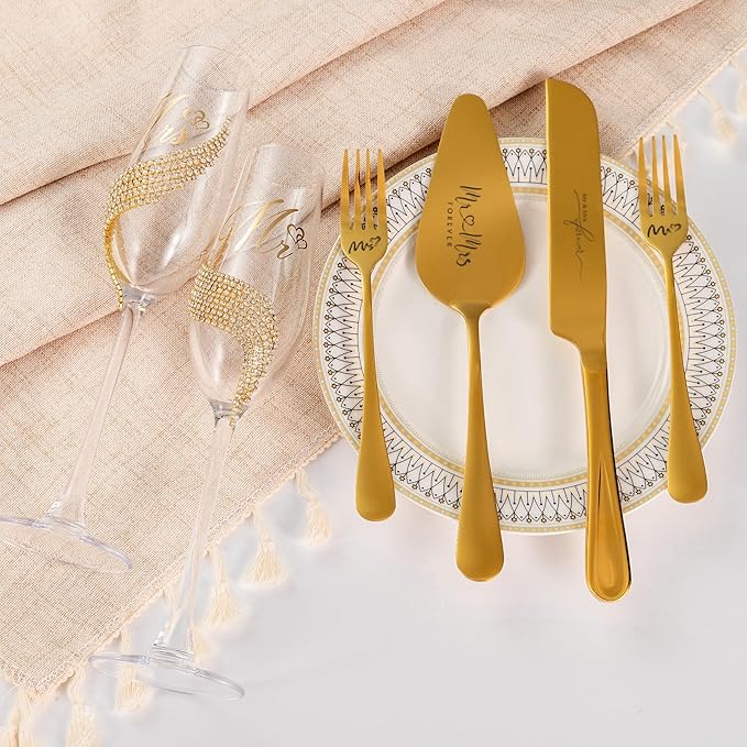 Wedding Cake Knife and Server Set, Gold Mr and Mrs Champagne Flutes and Cake Cutting Set for Wedding Bridal Shower Gifts (Gold)