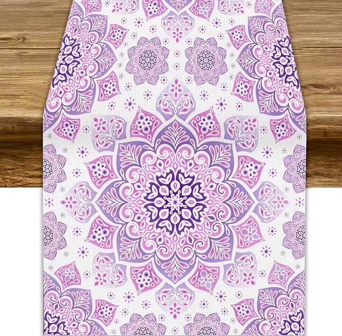 Purple Pink Mandala Table Runner, Traditional Indian Boho Mandala Flowers Print Table Runne for Kitchen Dining Table Office Wedding Party Holiday Home Decor, 13x60inch