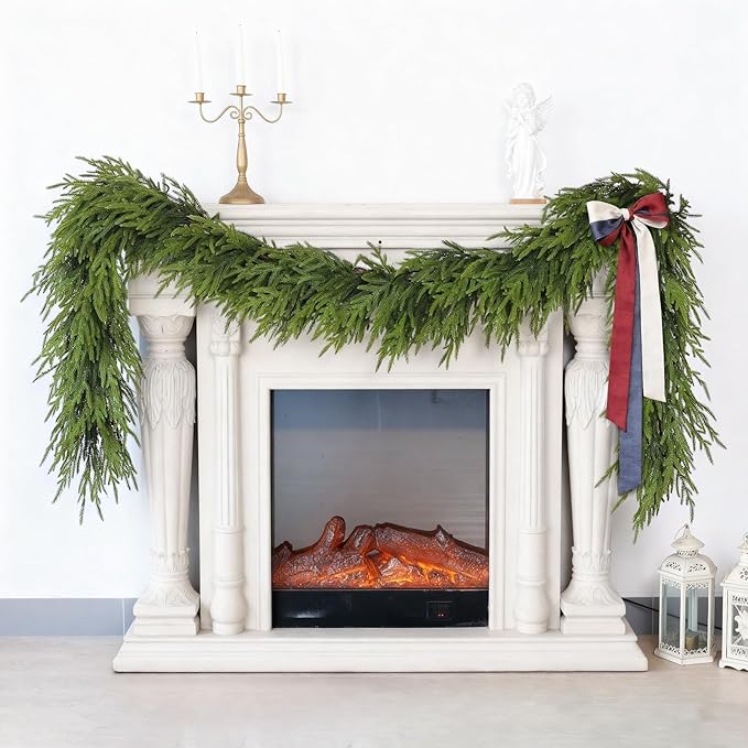 9FT Christmas Artificial Norfolk Pine Garland for Fireplace - Realistic Faux Greenery Fake Garland for Holiday,Table, Window,Mantel,Stairs, Home,Indoor Outdoor Decor (1PCS)