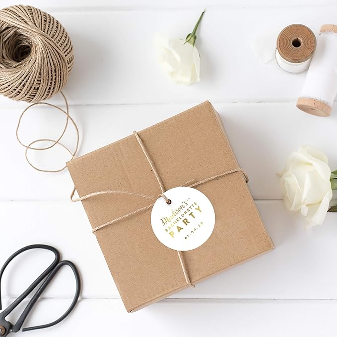 Andaz Press Personalized Round Circle Wedding Gift Tags, Metallic Gold Ink, Bachelorette Party, 24-Pack, Custom Made Any Name, Gold Party Decor