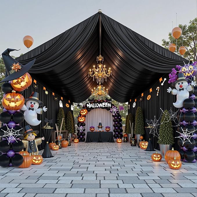 PartyVillage 4 Panels 5ftx30ft Black Ceiling Drapes for Halloween Parties – 30 FT Extra Long Thick Polyester Wrinkle-Free Drapery Tent Decor Decorations for Birthday Party Ceremony Stage Swag