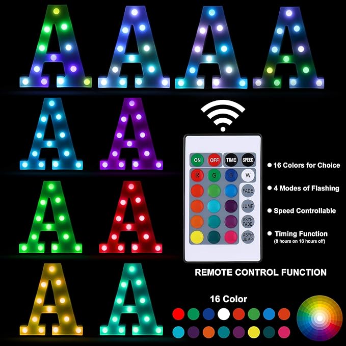 Foaky Colorful LED Letter Lights with Remote,Marquee Light Up Letters Sign for Night Light Wedding/Birthday Party Battery Powered Christmas Lamp Home Bar Decoration(Y)