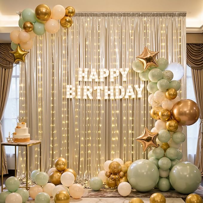10x10 Champagne Sequin Backdrop Curtain with Lights-Wrinkle Free Thick Glitter Backdrop Drapes for Wedding Parties Events Halloween Decor-2 Panels 5×10ft Shimmer Photo Booth Background for Photography