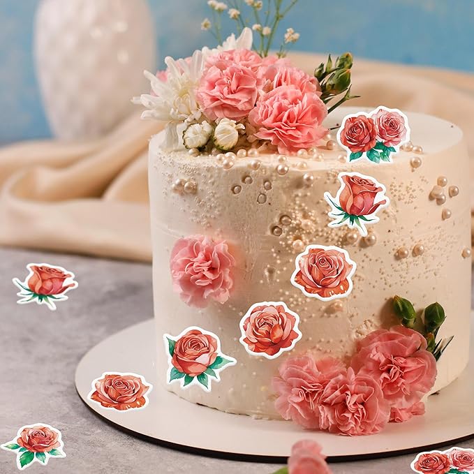 48PCS Edible Rose Flower Cupcake Toppers Wafer Paper Roses Decorations Flower Birthday Party Decorations Rose Cake Toppers for Wedding Engagement Birthday Party Cake Decor Supplies (Red)