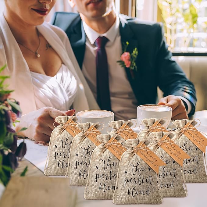 Fumete 25 Sets Wedding Coffee Party Favors for Guests the Perfect Blend Coffee Bean Bags Kraft Thank You Cards Organizer Reusable Burlap Bag and Twine Bridal Shower Souvenirs Gift, No Beans