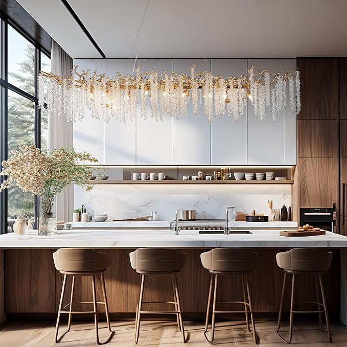 YUYI Modern Crystal Chandelier, 71" Gold Rectangular Chandeliers for Dining Room, Large Tree Branch Chandelier Luxury Ceiling Light Fixture for Living Room, Kitchen Island, Foyer, 5 Year Warranty