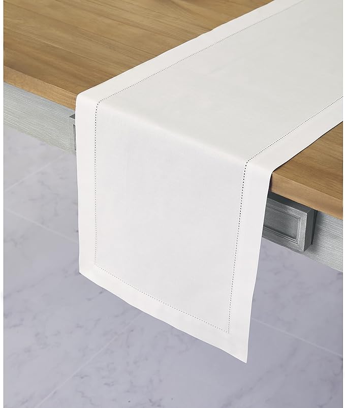 Solino Home White Table Runner 90 Inches Long - Cotton Linen Hemstitch 14 x 90 Inch Table Runner for Dining, Fall, Autumn, Halloween, Thanksgiving, Christmas, Holiday