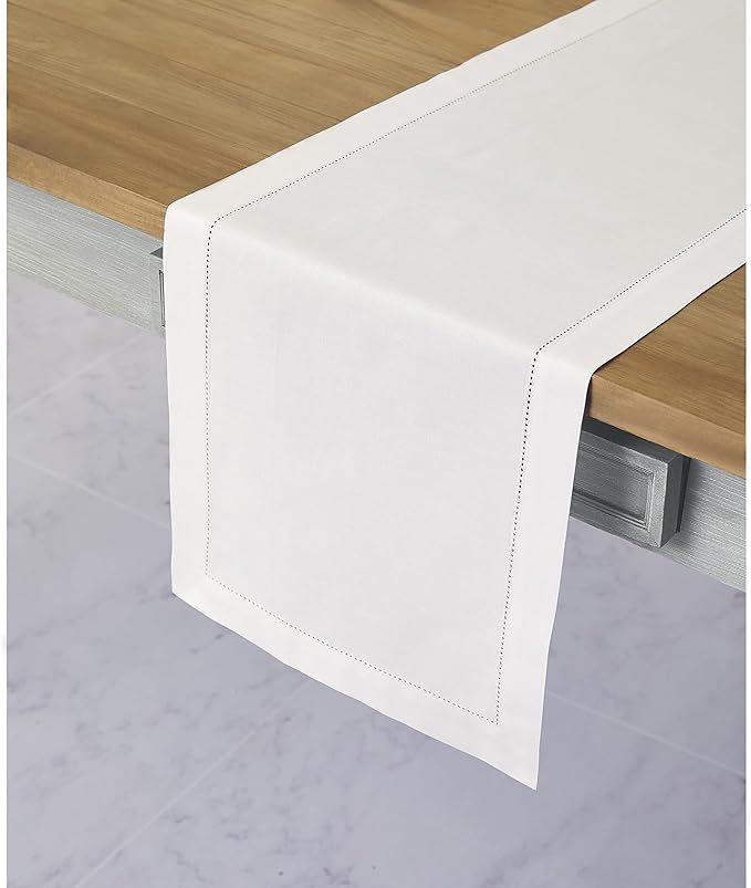 Solino Home White Table Runner 48 Inches - Cotton Linen Hemstitch Coffee Table Runner 14 x 48 Inch Ideal for Dresser Tables - Fall, Autumn, Halloween, Thanksgiving, Christmas, Holiday