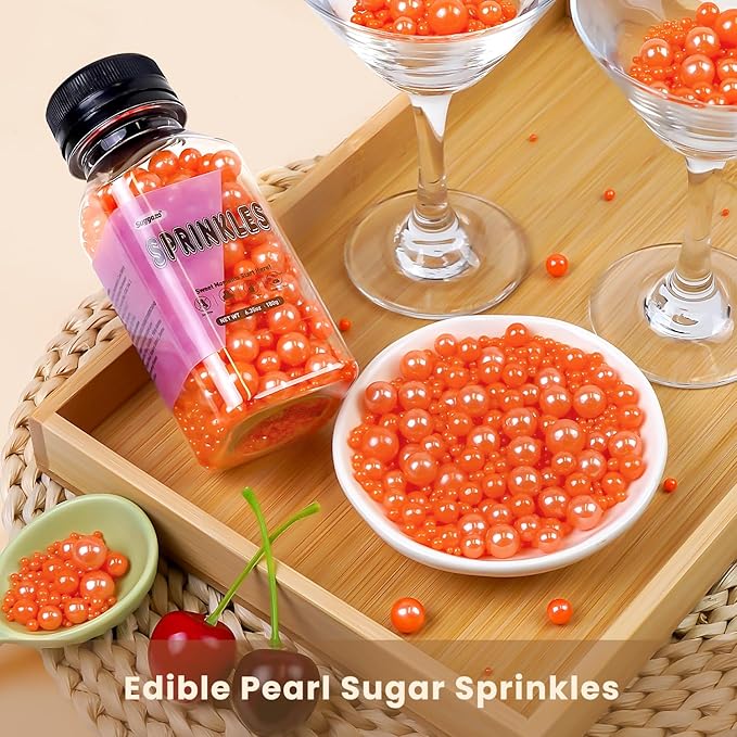 Edible Orange Pearl Sugar Sprinkles, Edible Sugar Sprinkles, Pearls for Cake Decorating, Ice Cream Toppings, Cookie Decorations, Wedding Party Halloween Supplies, 180g/6.35oz