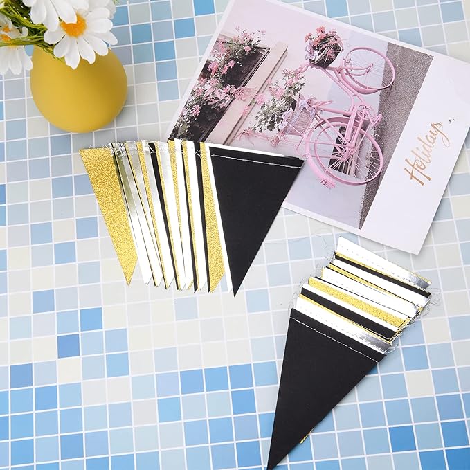 Triangle Flag Bunting Banner, MerryNine 3 Pack 30 Feet Vintage Style Pennant Banner for Wedding, Baby Shower, Event & Party Supplies 78pcs Flags (Triangle Flag - Black Silver Gold Glitter)