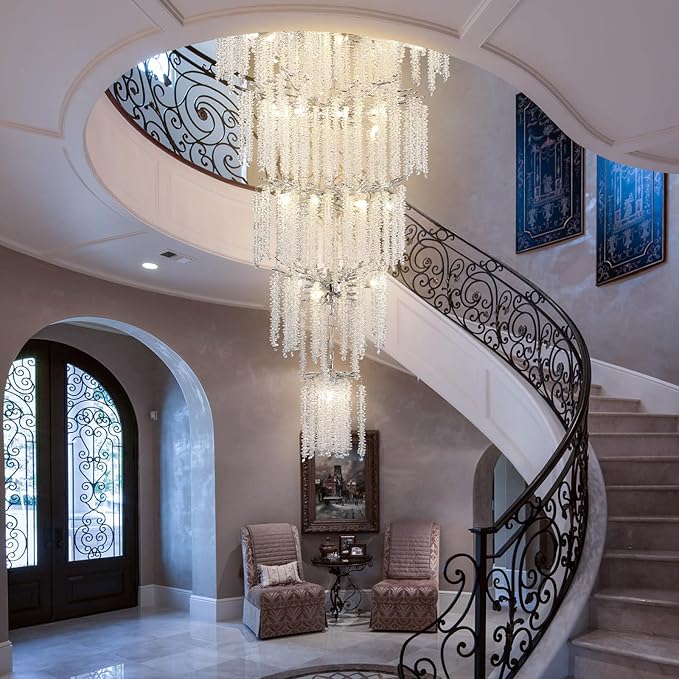 YUYI 118'' Modern Crystal Chandelier, Silver Chandelier for Entryway, Large Tree Branch Chandeliers for High Ceilings, Staircase, Foyer, Living Room, 28-Light 5-Tier Hanging Light Fixture