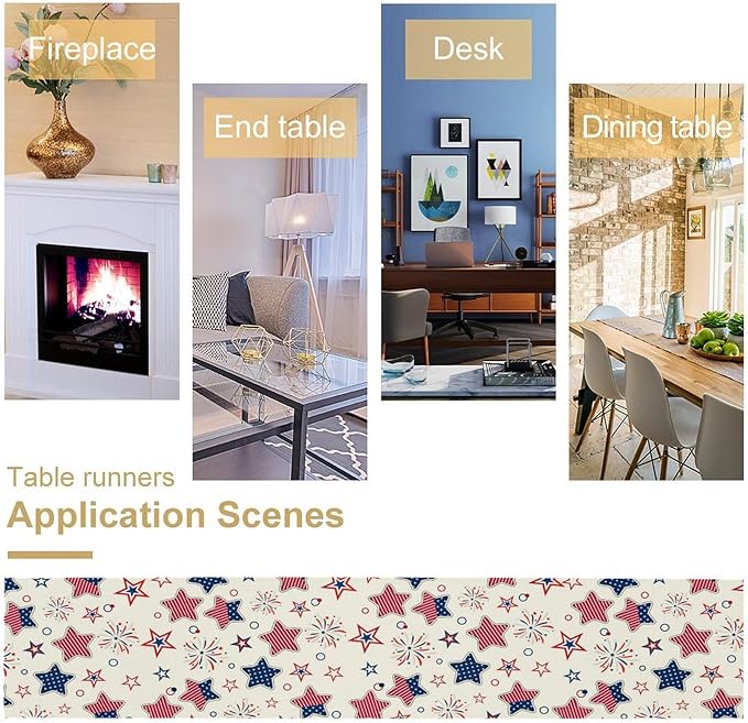 4th of July Table Runner, American Patriotic Independence Day Red Blue White Stars Stripes Fireworks Print Table Runner for Home Party Decor Kitchen Dining Table, 13x60inch