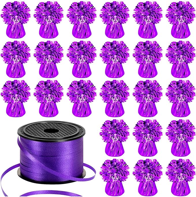 24 PCS Balloon Weights Metallic Anchor, Balloon Holder Heavy Weights with 1 Roll Purple Crimped Ribbon for Balloons Table Party Favor Birthday Decor(Purple)