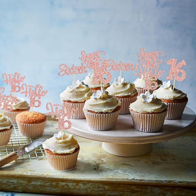 30pcs 16th Birthday Cupcake Toppers - Sixteen Happy Cupcake Picks, Cheers to Sweet 16 Cake Decorations in Rose Gold Glitter