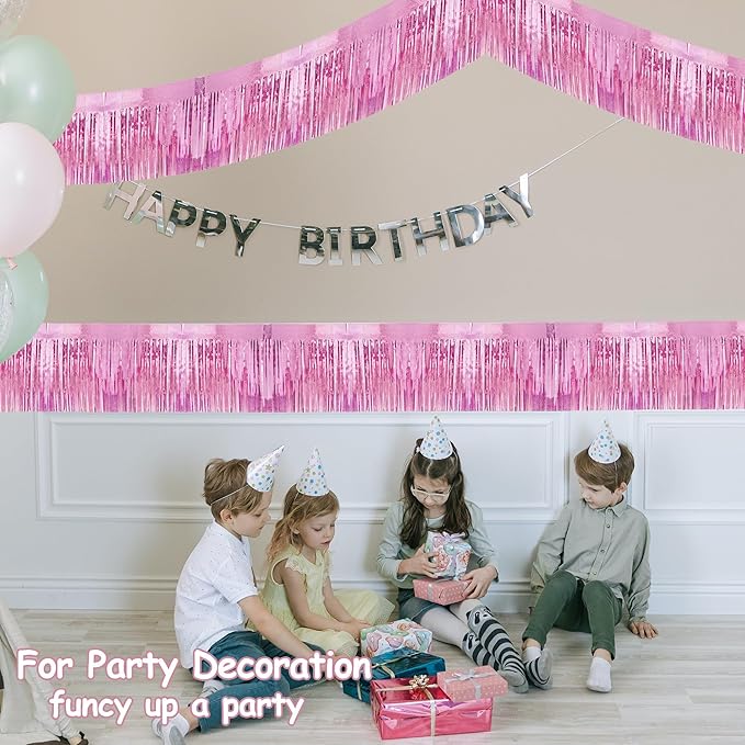 4 Pcak Each 10 Feet Glitter Pink Parade Float Decorations for Trailer Car, Glitter Foil Fringe Metallic Tinsel Streamers Banner Garland for Graduation Weeding Homecoming Birthday Party (Glitter-Pink)