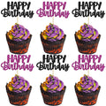 Gyufise 24Pcs Happy Birthday Cupcake Toppers Glitter Birthday Cake Topper Decorations for Celebrating Halloween Theme Party Decorations Supplies Black Purple