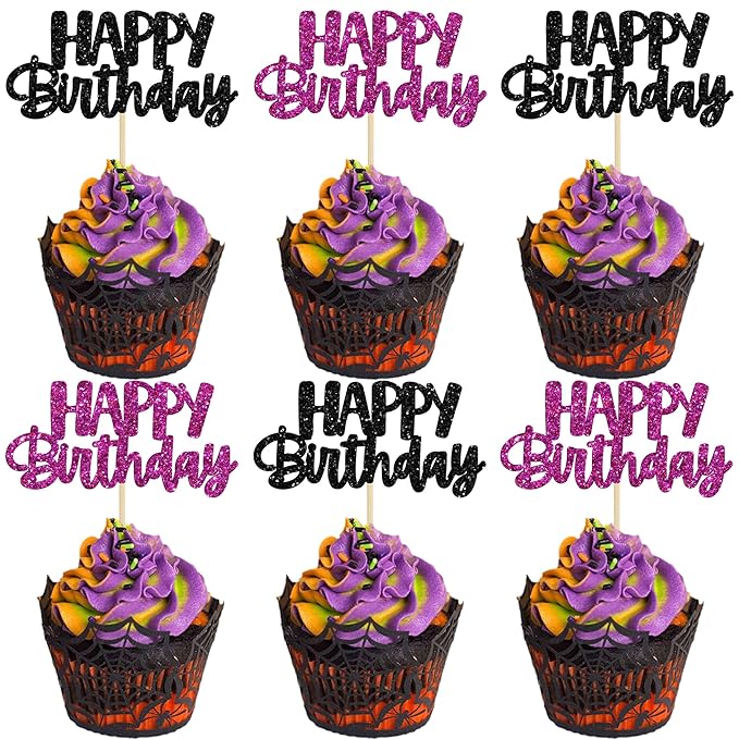 Gyufise 24Pcs Happy Birthday Cupcake Toppers Glitter Birthday Cake Topper Decorations for Celebrating Halloween Theme Party Decorations Supplies Black Purple