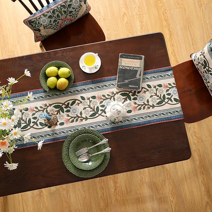ISAENNE Designer Vintage Elegant Linen Table Runner 71 Inches Long,Colorful Flower Pattern Soft Table Runners for Dining Tables,Thanksgiving,Kitchen Tables,Christmas,12"*71"-Naples C
