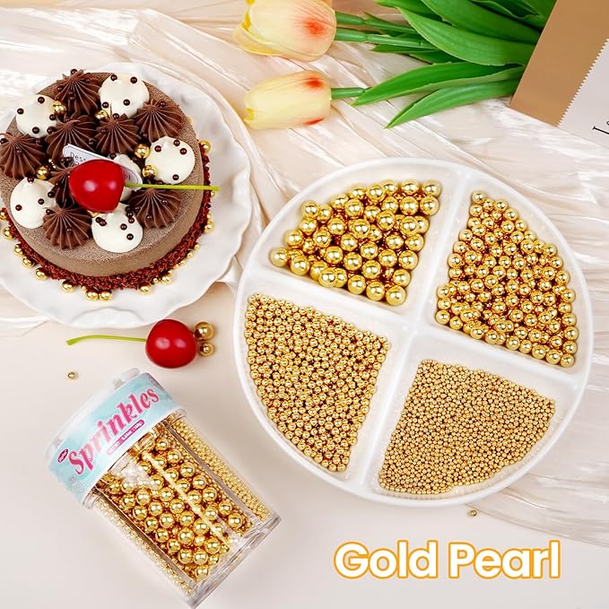 Gold Edible Sugar Pearl Sprinkles for Cake Decorating, Candy Pearls Sprinkles for Cupcake, Cookie, Baking Cake Decorations, 4 sizes, 160g/5.64oz, Holiday, Wedding Party, Christmas Supplies
