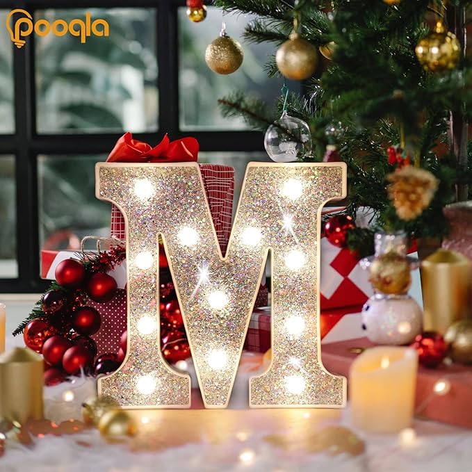 Pooqla Light Up Letters, LED Marquee Letters for Silver Birthday Decorations, Battery Powered Night Light Teenager Girl Room Decor, Gift for Girls Boys Wedding Bedroom Christmas Party Decor, Letter U