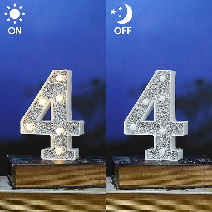 Marquee Light Letters for Table Decorations, Glitter Light Up Signs for Prom, Events, or Engagement Party Decor, Featuring Alphabet & Number Lighted Letters, Number 4