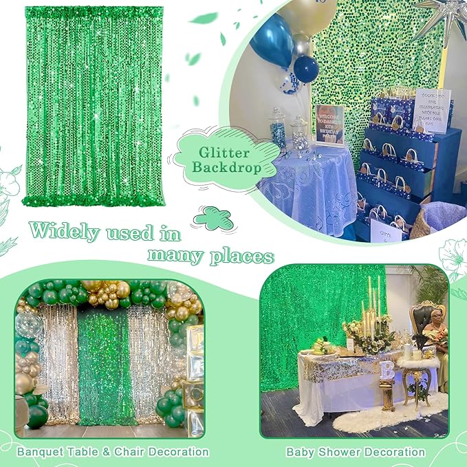 Sequin Curtain Backdrop Green Party Background for Jungle Forest Animals Theme Baby Shower Celebration Party Decorations 4x8FT