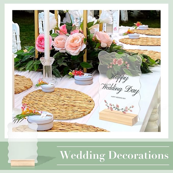 10 Pack 5x7 Inch Scalloped Acrylic Sign Blank Acrylic Sheets with Wood Base Clear Table Numbers for DIY Name Card Gifts Wedding Table Sign Event Party Decoration