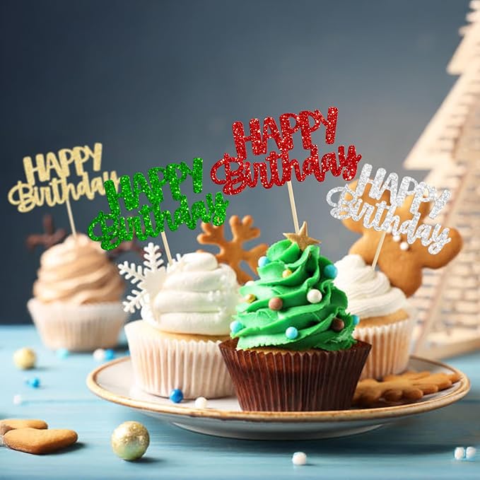 Gyufise 24Pcs Happy Birthday Cupcake Toppers Glitter Birthday Cupcake Food Picks for Celebrating Happy Halloween Theme Party Cake Decorations Supplies Silver Red Green Gold