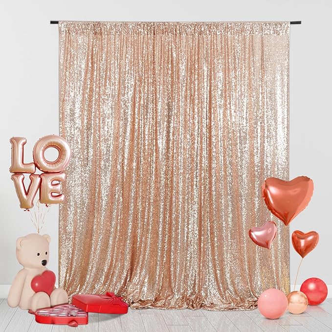 Eternal Beauty Sequin Backdrop Curtain, 8FT x 8FT Rose Gold Background for Valentine's Day Wedding Party Decor