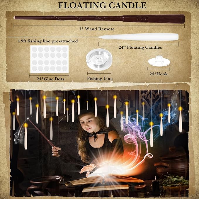 NURADA Floating Candles with Wand Remote Timer - 24 Pcs Magic LED Hanging Flameless Taper Candles Flickering Battery Operated for Halloween Birthday Theme Party Holiday Home Window Decor - White