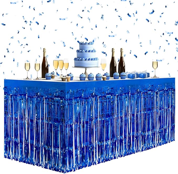 2 Pack Dark Blue Table Skirts, 29x108" Metallic Foil Tinsel Fringe Table Skirts for Rectangle Tables Streamer Curtains Backdrop, Party Decorations for Birthdays Weddings Holidays