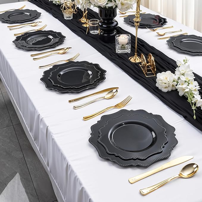 COLOSUS 100pcs Black Plastic Party Dinner Plates - 9.5 Inch- Heavy Duty Disposable Plastic Dinner Plates for Party Wedding and Everyday Use