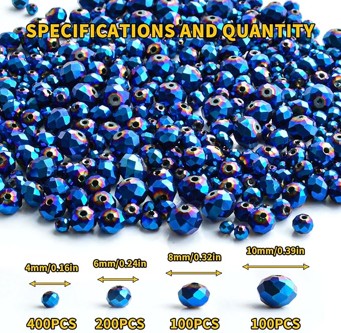 800Pcs 4/6/8/10mm Crystal Glass Beads for Jewelry Making Beads for Bracelets Necklace Pendants Making Supplies(Peacock Blue)
