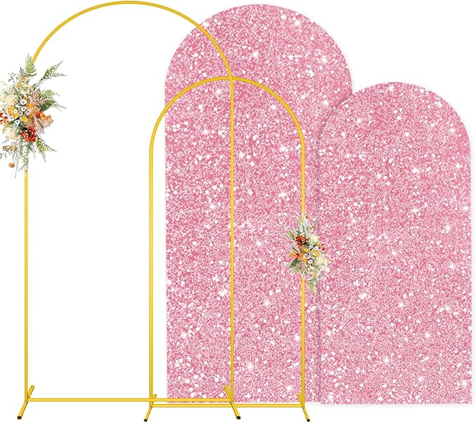 MODFUNS Arch Backdrop Stand and Cover 6&7.2ft Pink Gold Sequins Arch Cover Set of 2 Metal Arch Stand with Covers Double Sided Sparkle Backdrop Stands for Wedding Party Birthday Decor