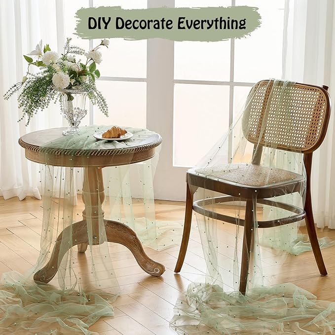 Fanami 1 Pack Pearl Table Runner -10FT Sage Green Boho Tulle Table Runners 120 Inches Long Rustic Sheer Lace Fabric Centerpieces for Wedding Arch Birthday Party Bridal Veil Baby Shower Decorations