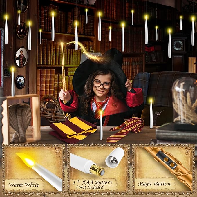 Halloween Floating Candles 18 Pcs - Magical Flameless Candles with Wand Flickering Warm Lights Ideal for Indoor Window Bedroom Halloween Cosplay Birthday Theme Party Decor