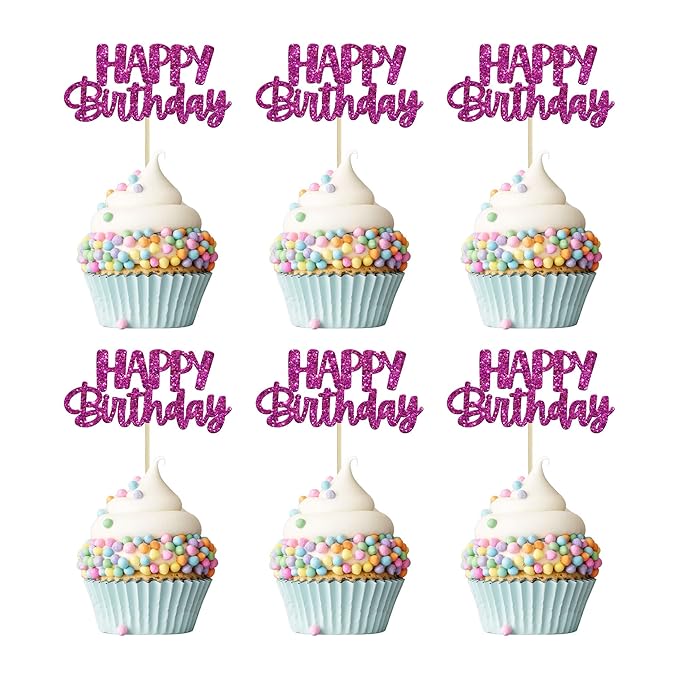 Gyufise 24Pcs Happy Birthday Cupcake Toppers Glitter Birthday Cupcake Food Picks for Celebrating Purple Theme Party Cake Decorations Supplies Purple