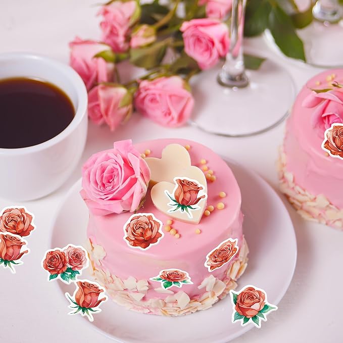 48PCS Edible Rose Flower Cupcake Toppers Wafer Paper Roses Decorations Flower Birthday Party Decorations Rose Cake Toppers for Wedding Engagement Birthday Party Cake Decor Supplies (Red)