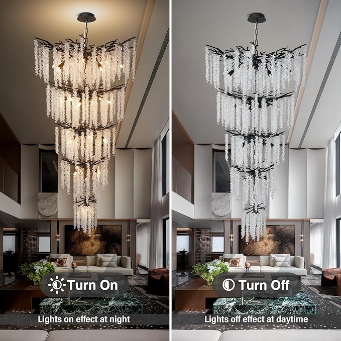 118'' Black Branch High Ceiling Chandelier, 28-Light Modern Long Tree Chandeliers, 3CCT Dimmable, Large Luxury Foyer Chandelier, Raindrop K9 Crystals Fixtures for Staircase, Entryway, Living Room