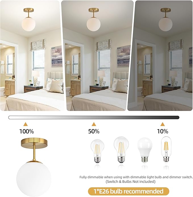 Gold Globe Semi Flush Mount Ceiling Light,Mid Century Modern Light Fixture Ceiling,Globe Ceiling Light for Hallway Living Room Kitchen Bedroom Storage Schoolhouse Laundry(Bulb Incl.)