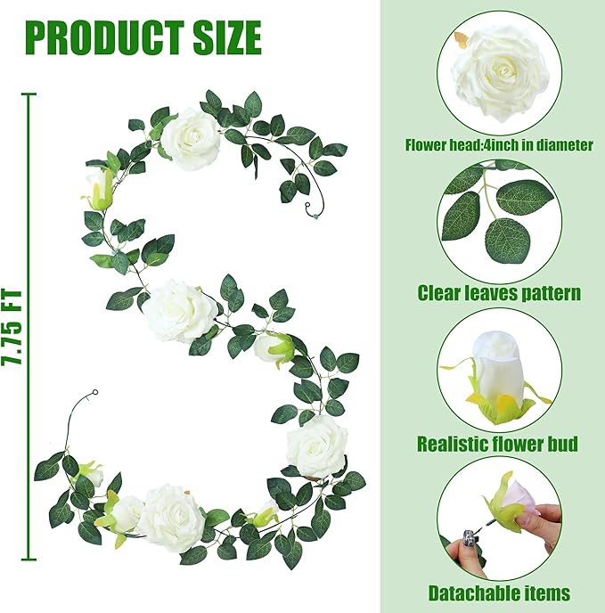 Sggvecsy 2Pcs 15.5Ft Artificial Rose Vine Fake Flower Garland Floral Garland Faux Silk Hanging Vine Rose Ivy Vines for Wedding Arch Party Wall Garden Ceremony Background Outdoor Decor (White)