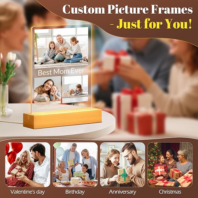 Custom Picture Frames with Photo, Personalized Acrylic Photo Frame with Night Light, Customized Picture Frames, Custom Photo Gifts, Personalized Birthday Gifts for Mom, Baby, Kids, Family