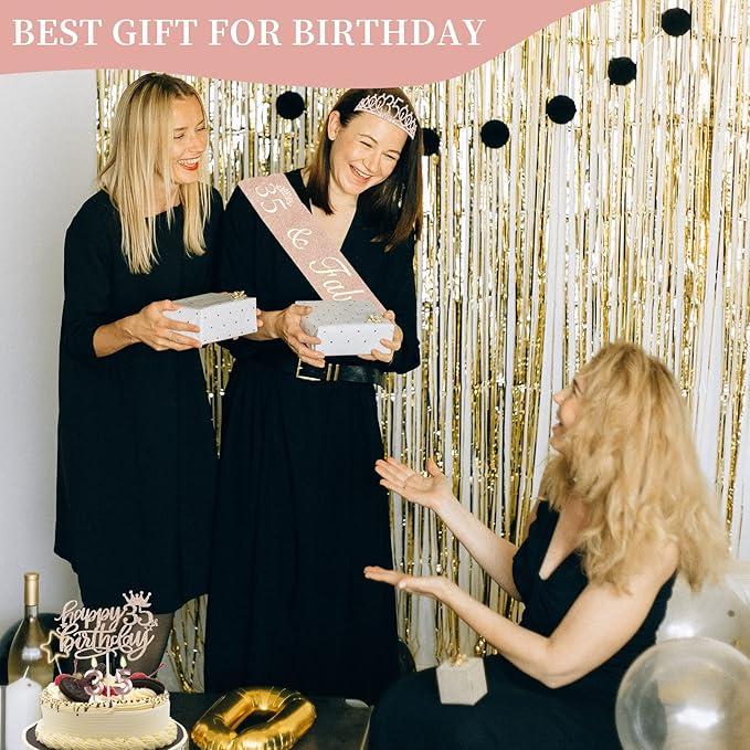 35th Birthday Decorations for Women Including Sash, Tiara/Crown, Numeral Candles and Cake Topper, Rose Gold 35th Birthday Gifts for Women, Rose Gold Party Decor Supplies