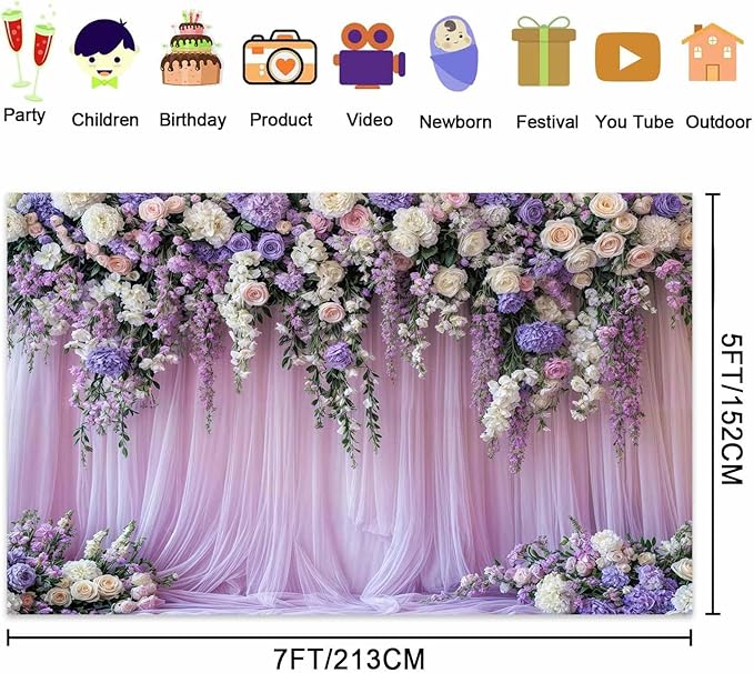 5x3ft Purple Lavender Floral Bridal Backdrop Wedding Flower Photography Backdrop for Girl Portrait Baby Shower Birthday Party Decor Banner Mother's Day Party Wall Backdrop Studio Photo Backgrounds