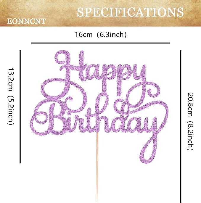 Happy Birthday Cake Topper - Purple Glitter Birthday Party Cake Decoration Supplies - Happy Birthday Cake Decor, for Anniversary/Birthday Party Supplies Photo Booth Props