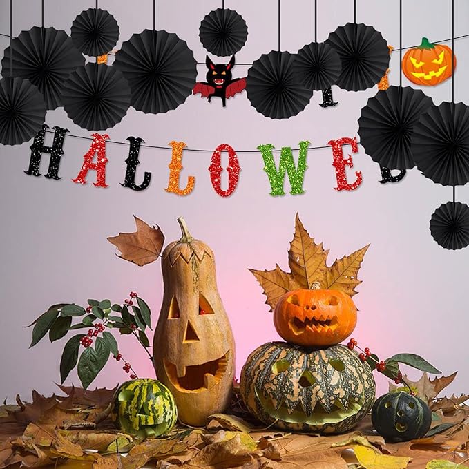HQZ Black Party Hanging Fans DIY Set - 12pcs Set Pinwheels Fan DIY Paper Craft for Wedding, Birthday, Christmas Party Decoration