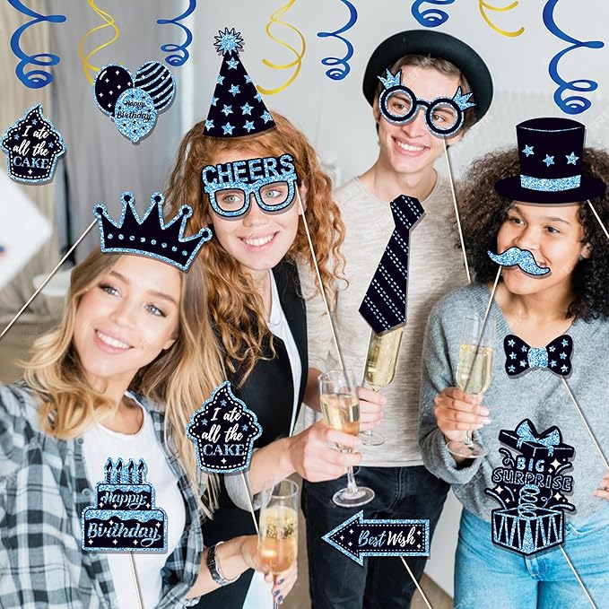 36 PCS Birthday Photo Booth Props Party Supplies Holiday Picture Decorations Photo Booth Props for Birthday Party Favors Pose Sign Kit Fun for Party (Black and Blue)