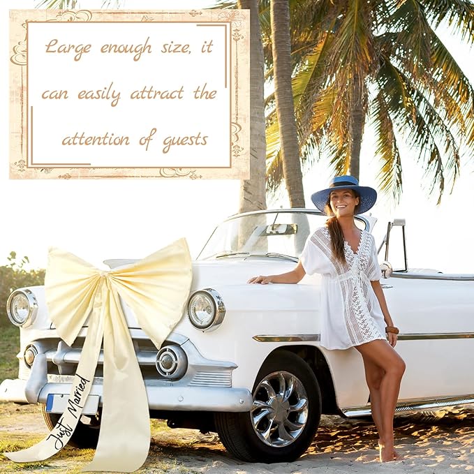 Zeyune 30 Inch Just Married Car Bow Decorations Wedding Reception & Ceremony Decor Kit Giant Ribbon Bow Automotive Decoration Accessories Ideal for Elegant Wedding Party Decor(Black Words)