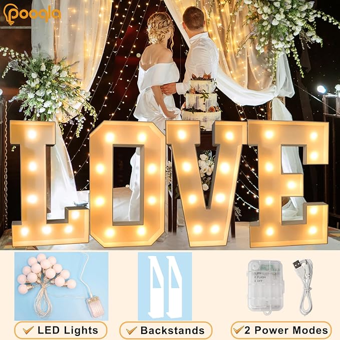 Pooqla 3FT Light Up Marquee Letters, Cool White and Warm White LED Large Lighted Marquee Letters, Giant Mosaic Letter Sign for Balloons Birthday Anniversary Wedding Party Decoration, LED E