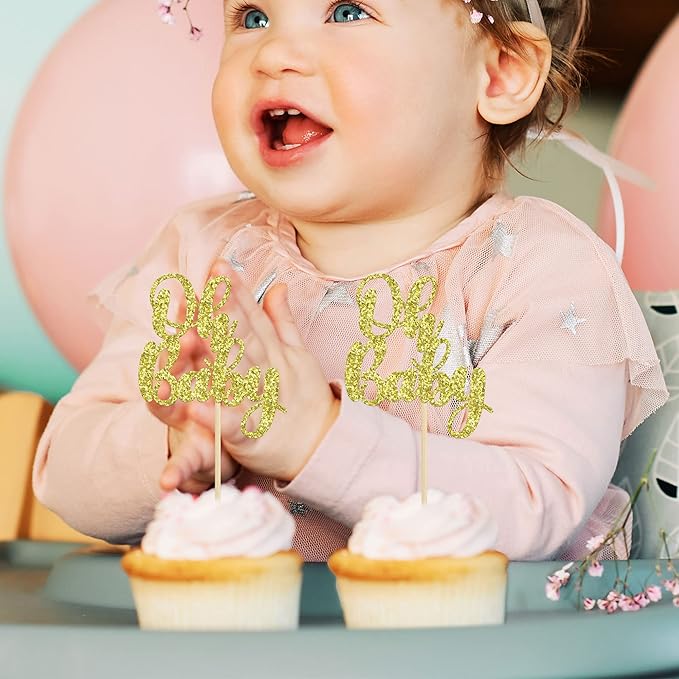 Gyufise 36 Pack Oh Baby Cupcake Toppers Glitter Baby Shower Cupcake Picks Decorations for Celebrating Baby Shower Kids Birthday Party Supplies Gold